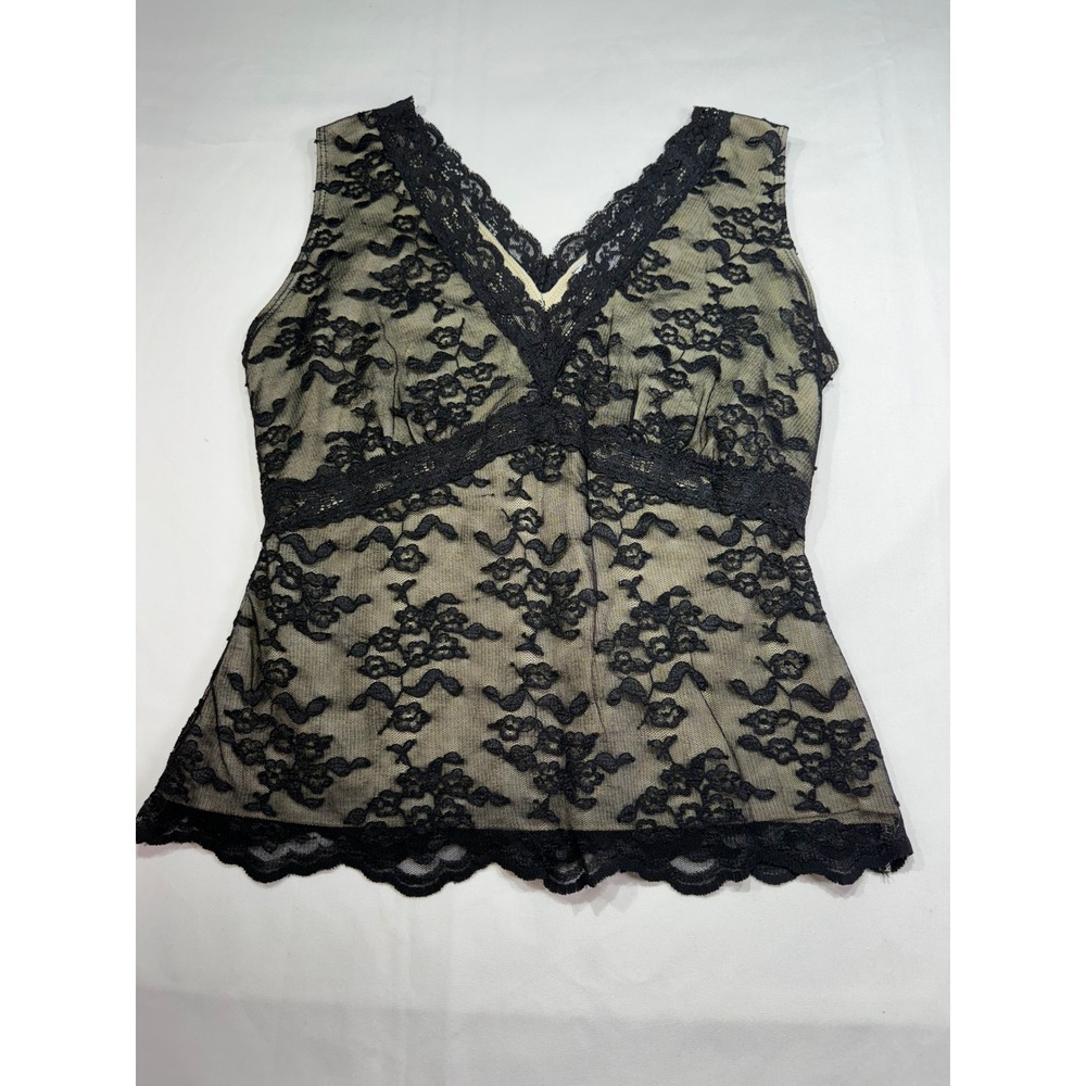 Worthington Petite Stretch Black Floral Lace V-Neck Tank Top Tan Lining Small